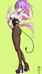  1girl absurdres alternate_costume barbell_piercing bare_shoulders black_leotard black_pantyhose bow bowtie breasts closed_mouth clothing_cutout colored_inner_hair commentary demon_girl demon_tail detached_collar double-parted_bangs double_v ear_piercing earclip fang feet fingernails floating_hair from_side green_background green_eyes green_nails hair_between_eyes hands_up high_heel_sandals high_heels highres hololive industrial_piercing jaz5049 large_breasts leotard long_fingernails long_hair long_legs looking_at_viewer multicolored_hair navel navel_cutout pantyhose piercing pink_hair pink_nails pink_streaks platform_sandals ponytail purple_bow purple_bowtie purple_hair purple_sandals sandals signature simple_background skin_fang smile solo spiked_ear_piercing split_mouth standing strapless strapless_leotard streaked_hair tail toes tokoyami_towa untranslatable_commentary v very_long_hair virtual_youtuber white_wrist_cuffs wrist_cuffs 