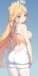  1girl absurdres alternate_breast_size_(larger) arms_at_sides ass back back_tattoo backless_sweater blonde_hair blue_background blue_eyes breasts chinese_commentary closed_mouth commentary_request cross-shaped_pupils english_commentary facial_mark forehead_mark from_behind genshin_impact gradient_background grey_background halo highres langbazi large_breasts long_hair looking_at_viewer looking_back mixed-language_commentary nicole_(genshin_impact) pantyhose pointy_ears sideboob smile solo star_(symbol) star_facial_mark symbol-shaped_pupils tattoo thighband_pantyhose variant_set very_long_hair virgin_killer_sweater white_pantyhose 