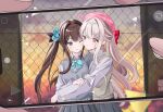  1other 2girls absurdres aqua_bow aqua_bowtie aqua_flower arcaea beret black_eyes black_hair bow bowtie cellphone collared_shirt commentary_request flower grey_skirt grey_sweater hair_flower hair_ornament hairclip hat highres hikari_(arcaea) hoshihan_hoshi_han hug long_hair long_sleeves multiple_girls on_rooftop one_eye_closed phone pink_hat plaid_hat pleated_skirt pov rooftop school_uniform shirt side_ponytail skirt smartphone sunset sweater sweater_vest tairitsu_(arcaea) taking_picture very_long_hair white_hair white_shirt yellow_sweater yuri 