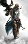  assassin's_creed_(series) assassin's_creed_iii bald_eagle bird bow_(weapon) coat connor_kenway eagle highres hood male_focus solo tomahawk vambraces weapon 