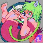  artist_logo cat_girl cat_tail copycat_(vocaloid) dress fangs fingernails green_eyes green_hair green_nails grey_background gumi highres logo long_fingernails long_toenails looking_at_viewer pink_dress simple_background sleppu slit_pupils tail toenails vocaloid 
