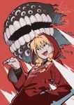  1girl absurdres ahoge blonde_hair braid commentary demon gabriel_(yomi_no_tsugai) gabu_(yomi_no_tsugai) hand_in_pocket hanten_(hantennano) highres hood hoodie open_mouth red_background red_eyes red_hoodie signature smile teeth twin_braids yomi_no_tsugai 