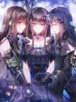  3girls bare_shoulders black_choker black_dress black_gloves black_hair brown_eyes brown_hair butterfly_ornament chargepro chinese_commentary choker commentary_request cowboy_shot dandelion_(girls'_frontline) detached_sleeves dress german_commentary girls'_frontline gloves green_hair green_streaks hair_intakes hair_ornament headgear highres long_hair lunasia_(girls'_frontline) m4a1_(girls'_frontline) m4a1_(mod3)_(girls'_frontline) mask mechanical_arms mixed-language_commentary multicolored_hair multiple_girls print_mask streaked_hair tears 