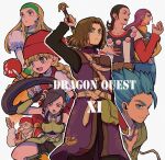  3girls 5boys bead_necklace beads belt black_hair black_shirt black_shorts blonde_hair blue_eyes blue_hair blue_tunic braid breasts brown_hair camus_(dq11) closed_mouth coat commentary_request copyright_name dragon_quest dragon_quest_xi dress earrings facial_hair feet_out_of_frame floating_hair green_hairband green_tunic greig_(dq11) hair_slicked_back hairband hat hero_(dq11) high_ponytail holding holding_staff holding_sword holding_weapon jewelry kraruma large_breasts long_hair looking_at_viewer low_twin_braids martina_(dq11) medium_hair multiple_boys multiple_girls mustache necklace old old_man ponytail puffy_sleeves purple_coat purple_hair red_dress red_hat row_(dq11) senya_(dq11) shirt short_hair shorts spiked_hair staff sword sword_on_back sylvia_(dq11) tunic turtleneck twin_braids upper_body veronica_(dq11) weapon weapon_on_back white_shirt yellow_shirt 