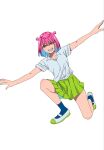  1girl black_socks blue_hair collared_shirt colored_inner_hair commentary_request green_eyes green_skirt grin highres looking_at_viewer multicolored_hair on_one_knee outstretched_arms pink_hair pleated_skirt sawaranaide_kotesashi-kun sayamagaoka_chiyo shinjou_takuya shirt shirt_tucked_in shoes short_hair simple_background skirt smile socks solo spread_arms uwabaki white_background white_shirt 