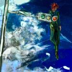 cloud commentary cumulonimbus_cloud day expressionless green_pants green_shirt highres injury jojo_no_kimyou_na_bouken kakyoin_noriaki male_focus o42ehi outdoors pants red_hair shirt sky spoilers stardust_crusaders traffic_light 