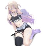  1girl :d belt black_collar black_sports_bra black_thighhighs blonde_hair blunt_bangs boots collar colored_inner_hair commentary d5y0m dated_commentary detached_sleeves flat_chest gloves highleg highleg_panties highres hololive hololive_dev_is jewelry long_hair looking_at_viewer multicolored_hair navel official_alternate_costume official_alternate_hairstyle open_mouth panties partially_fingerless_gloves purple_boots purple_eyes purple_hair purple_streaks see-through_clothes see-through_sleeves sidelocks simple_background single_detached_sleeve single_glove single_thighhigh sitting smile solo sports_bra stomach streaked_hair teeth thighhighs thighlet todoroki_hajime todoroki_hajime_(black_aurora) two_side_up underwear upper_teeth_only virtual_youtuber white_background white_belt 