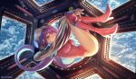  1girl asagi_futsuka bb_(fate) bb_cosmo_(fate) boots breasts commentary fate/grand_order fate_(series) floating full_body helmet high_heel_boots high_heels highres impossible_clothes impossible_leotard large_breasts leotard looking_at_viewer one_eye_closed own_hands_together pink_boots pink_leotard purple_eyes purple_hair solo space space_helmet spacecraft_interior twitter_username window zero_gravity 