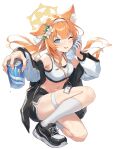  1991_(blz) 1girl animal_ear_fluff animal_ears black_jacket black_shoes black_shorts blue_archive blue_eyes blush bottle breasts can cat_ears cat_girl commentary commentary_request drink_can energy_drink english_commentary flower full_body hair_flower hair_ornament hair_ribbon hairband halo highres holding holding_bottle holding_can id_card jacket lightning_bolt_symbol long_hair looking_at_viewer mari_(blue_archive) midriff mixed-language_commentary navel on_one_knee one_eye_closed open_mouth orange_hair reaching reaching_towards_viewer ribbon shoes shorts simple_background small_breasts sneakers socks solo sports_bra sweat thigh_strap track_jacket twitter_username water_bottle white_background white_flower white_hairband white_ribbon white_socks white_sports_bra yellow_halo 