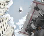 aircraft airplane blue_sky building cloud fighter_jet highres looking_up mecha mechanical_arms mechanical_cyclops_eye mechanical_eyes military_vehicle nensakha200 original robot ruins sky 