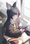  :o animal_ear_fluff animal_ears black_hair breasts brown_sweater cellphone classroom commentary curtains desk frilled_shirt_collar frills from_above half_updo highres holding holding_phone hololive indoors lunchbox medium_breasts midori_matsukaze multicolored_hair necktie official_alternate_costume ookami_mio ookami_mio_(fubumio) open_mouth phone raised_eyebrows red_skirt red_streaks school school_desk shirt sidelighting skirt smartphone streaked_hair striped_clothes striped_necktie sweater untranslatable_commentary virtual_youtuber white_shirt window wolf_ears yellow_eyes yellow_necktie 