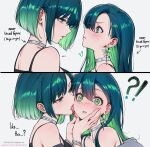  !? 2girls ? absurdres bare_shoulders blush choker closed_mouth commentary dual_persona earrings english_commentary english_text first_kiss_(meme) from_side green_eyes green_hair highres jewelry licking licking_another's_face long_hair looking_at_another meme mole mole_under_eye multiple_girls open_mouth original paid_reward_available parted_lips qiandaiyiyu rin_(qiandaiyiyu) selfcest short_hair simple_background tongue tongue_out upper_body yuri 