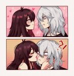  1boy 1girl ahoge antenna_hair black_shirt black_tank_top blush boku_no_hero_academia breasts closed_eyes collarbone commentary fur-trimmed_thighhighs fur_trim grey_hair heart hetero licking licking_another's_cheek licking_another's_face long_hair looking_at_another mizzu_(mizzuiita) mizzuiita oc_x_canon original red_eyes red_hair red_lips shigaraki_tomura shirt short_hair simple_background smile spanish_commentary tank_top thighhighs untranslatable_commentary very_long_hair wrinkled_skin yellow_eyes 