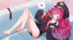  1girl absurdres armband ass bare_legs barefoot black_coat black_hat black_shirt black_skirt blue_archive blush book breasts coat collarbone come_hither commentary_request couch crossed_legs curly_hair feet fluffy_hair gehenna_academy_logo grey_eyes halo hat heart highres hizikit holding holding_book iroha_(blue_archive) legs_up long_hair lying military military_hat military_uniform necktie on_back on_couch open_book open_clothes open_coat panties pantyshot partially_unbuttoned pencil_skirt purple_halo purple_panties red_armband red_hair red_necktie safety_pin shirt skirt small_breasts soles solo spoken_heart toe_scrunch toes twitter_username underwear unworn_necktie 