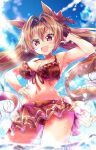  1girl animal_ears bikini bikini_skirt blue_sky blush breasts brown_hair cleavage commentary_request daiwa_scarlet_(mini_vacation)_(umamusume) daiwa_scarlet_(umamusume) fang frilled_bikini frills front-tie_bikini_top front-tie_top hair_intakes hand_on_own_hip hand_up highres horse_ears horse_girl horse_tail large_breasts long_hair looking_at_viewer navel ocean official_alternate_costume official_alternate_hairstyle open_mouth outdoors porurin red_bikini red_eyes sky smile solo stomach swimsuit tail twintails umamusume very_long_hair wading water 