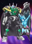  1boy 1girl alice_(microman) arden_(microman) arms_bound_apart assault_visor black_cape blue_hair bound breasts cape chiisana_kyojin_microman:_uborg_senki_2010 closed_eyes commentary_request facing_viewer full_body highres horns humanoid_robot kneeling leg_wings mechanical_wings medium_breasts microman miniskirt official_artist_extra oyomesandazo parted_lips planet portal_(object) purple_skirt restrained robot robot_ears short_hair skirt space standing star_(sky) wings 