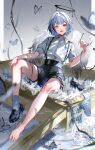  absurdres bandaid bandaid_on_leg black_halo black_shoes black_skirt black_streaks blue_hair blush box bug butterfly collared_shirt commentary_request crack cracked_glass dot_nose fangs feathered_wings feathers grey_eyes hair_intakes halo hand_on_own_knee hand_up happy heterochromia highres holding_pin looking_at_viewer melting_halo multicolored_hair nero_hanken on_box open_mouth original pin shirt shoes short_hair single_bare_foot single_shoe single_sock sitting sitting_on_box skirt socks streaked_hair striped_clothes striped_socks suspender_skirt suspenders thigh_strap toes torn_wings translation_request vertical-striped_clothes vertical-striped_socks watermark white_butterfly white_shirt white_socks white_wings wings wooden_box yellow_eyes 