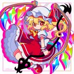  1girl absurdres ascot back_bow blonde_hair bow bright_pupils collared_shirt commentary crystal crystal_wings flandre_scarlet frilled_shirt_collar frilled_skirt frills full_body hat hat_bow highres holding holding_weapon ishiki_nuru laevatein_(touhou) looking_at_viewer mob_cap multicolored_wings one_side_up puffy_short_sleeves puffy_sleeves red_bow red_eyes red_shoes red_skirt red_vest shirt shoes short_sleeves skirt skirt_set solo touhou vest weapon white_bow white_hat white_pupils white_shirt wings yellow_ascot 