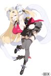  1girl :o absurdres ahoge armpits arms_up artist_logo asymmetrical_bangs back_bow bent_over black_boots black_bow black_dress black_thighhighs blonde_hair blunt_bangs boots bow breasts chinese_commentary cissia_(zenless_zone_zero) clothing_cutout collared_dress commentary detached_sleeves dress full_body garter_belt half-closed_eyes halterneck helic_(7317helic) highres hip_vent huge_breasts knees_together_feet_apart logo long_hair looking_at_viewer nail_polish open_mouth red_eyes red_nails shirt short_dress sideboob sideways_glance simple_background skindentation snake_tail solo squinting standing standing_on_one_leg tail thighhighs very_long_hair white_background white_shirt zenless_zone_zero 