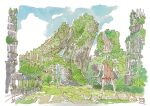  2026 abandoned aichi_prefecture animal arrow_(symbol) blue_sky building commentary_request day dilapidated highres moss nagoya_(city) nana-chan no_humans original overgrown parking_permissive_sign post-apocalypse rabbit real_world_location road ruins signature sky statue tokyogenso traditional_media water waterfall 