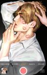  1boy 1other black_background blonde_hair cigarette collared_shirt commentary english_commentary grey_eyes hand_in_another's_hair hand_in_own_hair highres holding holding_cigarette leon_s._kennedy lipstick_mark lipstick_mark_on_face lipstick_mark_on_neck looking_at_viewer male_focus nanaphawat parted_bangs parted_lips resident_evil shirt short_hair smoking upper_body viewfinder white_shirt 
