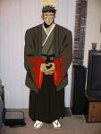  1boy black_hair black_hakama black_haori blush check_commentary closed_mouth commentary_request expressionless fire flame_print flaming_halo french_commentary grey_kimono hakama halo haori highres japanese_clothes ken-sama_(meme) kimono lisuchi male_focus mature_male meme official_alternate_costume sandals short_hair sideburns socks solo tabi tokyo_afterschool_summoners v-shaped_eyebrows white_socks yellow_eyes zabaniyya_(housamo) zouri 