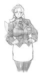  alternate_costume antenna_hair blazer breasts formal greyscale hands_on_hips jacket justice_gakuen large_breasts monochrome necktie pacific_high_school_uniform pantyhose rapon solo suit tiffany_lords 
