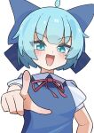 1girl ahoge blue_eyes blue_hair bow cirno collared_shirt commentary hair_bow looking_at_viewer neck_ribbon open_mouth pointing pointing_at_viewer ribbon shirt short_hair short_sleeves smile solo tomoshi_sora touhou 