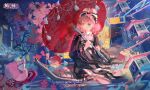  1girl absurdres black_bow black_kimono blue_eyes bow cherry_blossoms closed_mouth commentary commission english_commentary fogstars hair_bun highres japanese_clothes kimono lantern night oil-paper_umbrella original outdoors paper_lantern pink_hair pink_kimono seiza sitting umbrella 
