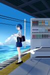  1girl absurdres bag bird black_shoes blue_eyes blue_hair blue_skirt blue_sky bob_cut cellphone cloud collared_shirt commentary day from_side full_body grey_shirt highres holding holding_phone jialinf2001 kiritani_haruka kneehighs loafers looking_at_viewer ocean outdoors parted_lips phone pleated_skirt power_lines project_sekai school_bag school_uniform shadow shirt shoes short_hair short_sleeves sidelocks skirt sky smartphone socks solo standing train_station_platform turning_head utility_pole vending_machine water white_bird white_socks 
