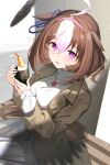  1girl :3 ahoge animal_ears bench black_feathers blurry blush brown_coat brown_hair coat commentary_request depth_of_field ear_ribbon falling_feathers feathers food hair_between_eyes hairband highres holding holding_food horse_ears horse_girl jewelry looking_at_viewer meisho_doto_(umamusume) meyamu multicolored_hair necklace onigiri open_clothes open_coat open_mouth pink_hairband purple_eyes purple_ribbon ribbon short_hair sitting solo streaked_hair sweater turtleneck turtleneck_sweater umamusume white_streaks white_sweater wooden_bench 