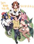  1boy 3girls animal_ears animal_print bell between_breasts black_hair blush boots bow breasts brown_boots brown_eyes brown_hair cat_ears cat_girl cat_tail character_request closed_eyes collar commentary_request copyright_name copyright_request cow_ears cow_horns cow_print cowbell drawstring grass green_hat hair_bow hat high_heel_boots high_heels highres horns jingle_bell long_sleeves looking_at_another multiple_girls open_mouth pants pink_hair rabbit_ears rabbit_girl rabbit_tail red_bow red_hat shinozuka_atsuto smile tail yellow_bow yellow_eyes 