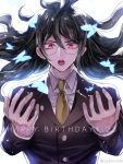  1boy @ ahoge animal artist_name blazer blue_butterfly brown_jacket bug butterfly danganronpa dark_skin dark_skinned_male fingernails flying formal glasses gokuhara_gonta green_hair hair_between_eyes hands happy_birthday insect jacket long_hair looking_at_viewer male_focus necktie new_danganronpa_v3 open_mouth red_eyes round_eyewear school_uniform shirt simple_background solo upper_body upper_teeth white_background white_shirt yellow_neckwear z-epto_(chat-noir86) 