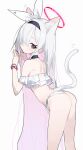  1girl animal_ear_fluff animal_ears ass bikini black_choker black_eyes black_hairband blue_archive bow cat_ears cat_girl cat_tail choker closed_mouth commentary_request extra_ears from_behind hair_bow hair_over_one_eye hairband halo highres kemonomimi_mode leaning_forward long_hair looking_at_viewer looking_back measho off-shoulder_bikini off_shoulder pink_hair plana_(blue_archive) red_halo red_pupils ruffle_bikini side-tie_bikini_bottom simple_background solo strapless strapless_bikini swimsuit tail very_long_hair white_background white_bikini white_bow white_hair 