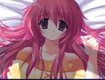  1girl bed blush downhill_night emily_(artist) emily_(pure_dream) happy konosaki_michi long_hair lying pink_hair purple_eyes ribbon ribbon_hair solo top_(company) 