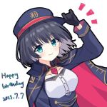  ! 1girl adjusting_clothes adjusting_headwear aoi_erika aoi_erika_(battle_cry_of_the_soul) black_gloves black_hair black_hat blue_eyes breasts closed_mouth coat commentary_request dated gloves happy_birthday hat heaven_burns_red kk0220 looking_at_viewer military_hat military_uniform open_clothes open_coat short_hair simple_background upper_body white_background 