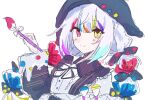  1girl artist_name beret black_hat black_jacket blush_stickers bow closed_mouth collared_shirt colored_tips commentary_request hair_bow hat heterochromia highres holding holding_paintbrush jacket jacket_partially_removed jogasaki_noah long_hair long_sleeves looking_at_viewer mahou_shoujo_no_majo_saiban multi-tied_hair multicolored_hair neck_ribbon off_shoulder paintbrush polka_dot polka_dot_bow red_eyes ribbon ritu_(xxoxx_01a) shirt signature simple_background sketch smile solo streaked_hair twitter_username unfinished upper_body white_background white_hair white_shirt wide_sleeves yellow_eyes 