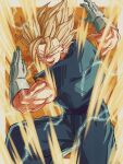  1boy absurdres aura blonde_hair blue_pants blue_sash blue_shirt border commentary_request cowboy_shot dragon_ball dragon_ball_z earrings electricity gloves grey_border highres jewelry male_focus muscular muscular_male orange_background orange_shirt pants potara_earrings reia_sya sash shirt smirk solo spiked_hair super_saiyan super_saiyan_1 vegetto white_gloves 