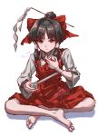  1girl aokihatoba_01 ascot bandaged_wrist bandages barefoot bow brown_eyes brown_hair closed_mouth commentary_request embodiment_of_scarlet_devil gohei hair_bow hair_tubes hakurei_reimu highres long_hair official_alternate_costume red_ascot red_bow red_skirt simple_background sitting skirt skirt_set solo toes touhou white_background 