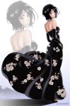  1girl absurdres artist_name ass bare_shoulders bead_necklace beads black_gloves black_hair black_shoes bleach breasts commentary dress elbow_gloves english_commentary floral_print from_behind full_body gloves high_heels highres ivizard jewelry kuchiki_rukia long_dress looking_back necklace purple_eyes shoes short_hair small_breasts solo stiletto_heels strapless strapless_dress zoom_layer 