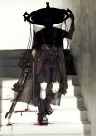  1boy arm_at_side armor black_kimono black_sandals black_sash black_shorts black_sleeves blood blood_on_arm blood_on_clothes blood_on_ground blood_on_weapon commentary full_body furisode genshin_impact glowing glowing_eyes gold_trim grey_veil hand_up hat highres holding holding_sword holding_weapon ichomint japanese_armor japanese_clothes jewelry jingasa katana kimono kote kurokote layered_shorts layered_sleeves looking_at_viewer male_focus neck_ring o-ring obscured open_clothes open_kimono outdoors purple_eyes purple_shorts red_kimono rope sandals sash scaramouche_(genshin_impact) shimenawa short_sleeves shorts single_sode solo stairs sword tassel toeless_legwear toenails toes veil weapon white_kimono white_trim zouri 