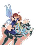  1boy 2girls ass blue_gloves blue_leotard blush boots brown_hair company_connection crossover demi-fiend demon_(megami_tensei) elbow_gloves fairy fairy_wings fingerless_gloves full-body_tattoo gallica_(metaphor:_refantazio) gloves hairband heart highleg highleg_leotard highres kiss leotard metal_hairband metaphor:_refantazio mini_person minigirl multiple_girls pixie_(megami_tensei) pointy_ears shin_megami_tensei shin_megami_tensei_iii:_nocturne short_hair simple_background sorisketches stirrup_legwear tattoo thigh_boots thighhighs toeless_legwear wings yellow_leotard yuri 