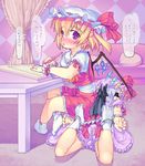  ascot bat_wings bdsm belt blindfold blonde_hair blouse blush bondage bound checkered child couch crossed_legs cuffed cuffs curtains flandre_scarlet floor frilled_skirt frills handcuffs hat hat_ribbon heart holding kawamura_tenmei lavender_hair legs_back legs_folded looking_at_viewer lying multiple_girls open_mouth paper pen pillow puffy_sleeves purple_eyes red_eyes remilia_scarlet restrained ribbon short_hair short_sleeves siblings side_ponytail sisters sitting sitting_on_person skirt skirt_set socks table tied_up touhou translated vest wall white_legwear wings wrist_cuffs 