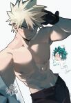  2boys abs arm_up bakugou_katsuki bite_mark bite_mark_on_chest bite_mark_on_neck black_gloves black_pants blank_eyes blonde_hair blush boku_no_hero_academia collarbone commentary dyarikku english_commentary english_text gloves highres implied_yaoi looking_to_the_side male_focus midoriya_izuku multiple_boys navel out_of_frame pants parted_lips pectorals scar scar_on_cheek scar_on_face short_hair sideways_glance simple_background speech_bubble spiked_hair spoken_character toned toned_male white_background 