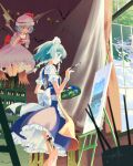 2girls apron back_bow bat_wings blue_dress blue_hair bow braid braided_sidelocks candelabra candlestand commentary_request cup curtains dress easel flying frilled_apron frilled_dress frills green_bow hair_bow hat highres holding holding_brush holding_cup holding_paint_palette holding_saucer indoors izayoi_sakuya knife looking_at_another maid maid_headdress mob_cap multiple_girls otomeza_ryuseigun paint_palette painting_(action) painting_(object) pink_dress pink_hat red_eyes remilia_scarlet saucer shelf short_hair sidelocks signature standing touhou white_apron white_bow white_wrist_cuffs window wings wrist_cuffs 