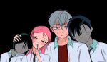  2boys 2girls alien_stage black_background black_necktie commentary contrast_collar english_commentary finger_to_mouth green_eyes grey_hair hair_ornament hairclip hand_on_another's_head head_on_another's_shoulder highres ivan_(alien_stage) keryuun layered_shirt mizi_(alien_stage) multiple_boys multiple_girls necktie official_alternate_costume open_clothes open_shirt pink_hair red_shirt shirt shushing smile static sua_(alien_stage) till_(alien_stage) white_shirt yellow_eyes 