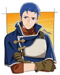  1boy artist_name blue_shirt brown_gloves commentary_request crossed_arms fire_emblem fire_emblem:_genealogy_of_the_holy_war flat_chest flat_chest_grab gloves homa_kura lester_(fire_emblem) looking_at_viewer lowres male_focus orange_shirt shirt smile solo twitter_username upper_body 