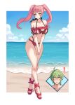  ! 1boy 1girl absurdres bare_arms bare_legs bare_shoulders beach bikini blue_sky blunt_bangs blush border bow breasts cleavage closed_mouth cloud collarbone commentary crossed_legs emmettart english_commentary fire_emblem fire_emblem:_three_houses fire_emblem_heroes flustered full_body green_eyes green_hair high_heel_sandals high_heels highres hilda_valentine_goneril hilda_valentine_goneril_(summer) husband_and_wife jewelry large_breasts long_hair looking_at_viewer male_byleth_(awakened)_(fire_emblem) male_byleth_(fire_emblem) nail_polish navel ocean off-shoulder_bikini off_shoulder official_alternate_costume official_alternate_hair_color open_mouth outdoors pink_bikini pink_bow pink_eyes pink_hair pink_nails red_nails ring sandals short_hair sky smile solo_focus stomach striped_bikini striped_clothes swimsuit toenail_polish toenails twintails vertical-striped_bikini vertical-striped_clothes water watson_cross wedding_ring white_border 