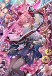  1girl animal_ears asymmetrical_gloves asymmetrical_sleeves black_gloves black_pantyhose black_skirt closed_mouth commentary_request emoji evanescia_(honkai:_star_rail) falling_petals flower food fox_ears fox_girl gloves hair_between_eyes hair_flower hair_ornament highres holding holding_weapon honkai:_star_rail honkai_(series) long_sleeves looking_at_viewer mismatched_gloves mismatched_sleeves outdoors pantyhose partially_fingerless_gloves petals pink_hair purple_eyes shirt short_hair_with_long_locks skirt solo thigh_strap torino_aqua v-shaped_eyebrows weapon white_gloves white_shirt wide_sleeves 