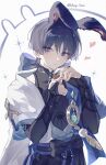  1boy 329kome anemo_symbol_(genshin_impact) animal_ears aqua_gem armor belt bishounen black_belt black_bodysuit black_bow black_bridal_gauntlets black_shorts blue_cape blue_kimono blue_sleeves blunt_ends bodysuit bow bridal_gauntlets bright_pupils cape choppy_bangs closed_mouth clothing_cutout commentary_request feathers furisode gem genshin_impact glint gold_ring grey_hair hair_intakes hakama hakama_shorts hands_up heart highres hip_vent japanese_armor japanese_clothes juban kimono kote kurokote layered_sleeves light_blush looking_at_viewer male_focus mandarin_collar middle_ring open_clothes open_kimono pleated_shorts pom_pom_(clothes) purple_eyes purple_rope purple_sash rabbit_boy rabbit_ears rope sash scaramouche_(genshin_impact) short_sleeves shorts shoulder_peek side_cape solo tassel tsurime twitter_username upper_body wanderer_(genshin_impact) white_background white_kimono white_pupils white_sleeves yellow_feathers 